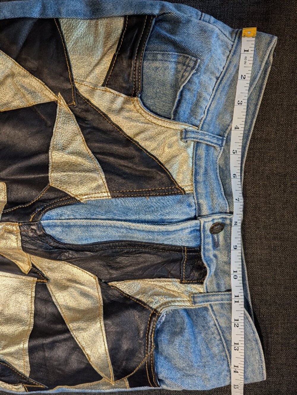 Vintage 100% Leather Geometric Patchwork Don't Stop International Denim Jeans - Picture 13 of 15